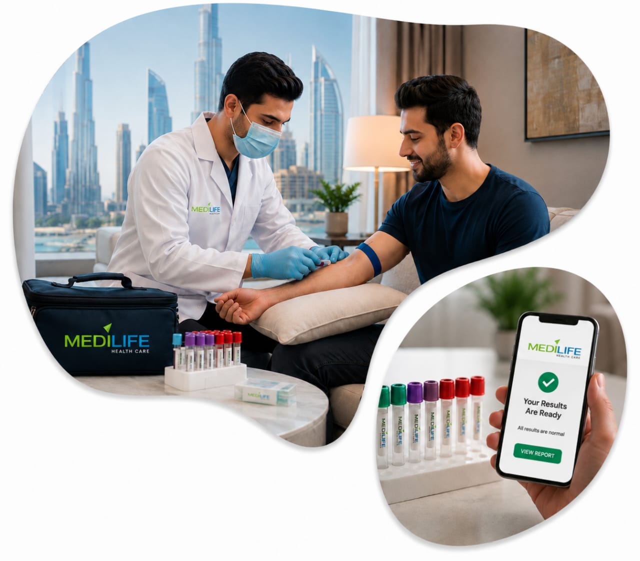 Certified healthcare professional collecting a blood sample during a Home Lab Test Dubai service in a clean home setting.