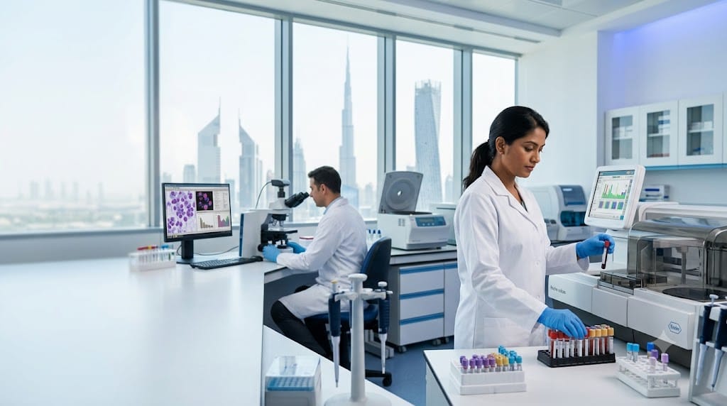 Laboratory technician processing blood samples at a Dubai diagnostic clinic