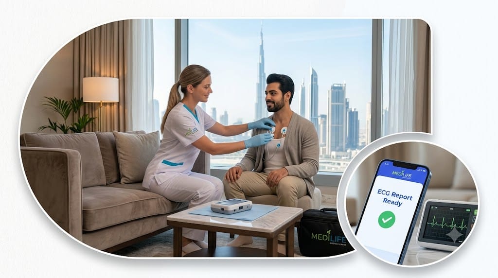 Certified healthcare professional performing a Home ECG Service Dubai for a patient at home using portable ECG equipment with Medilife Clinic.