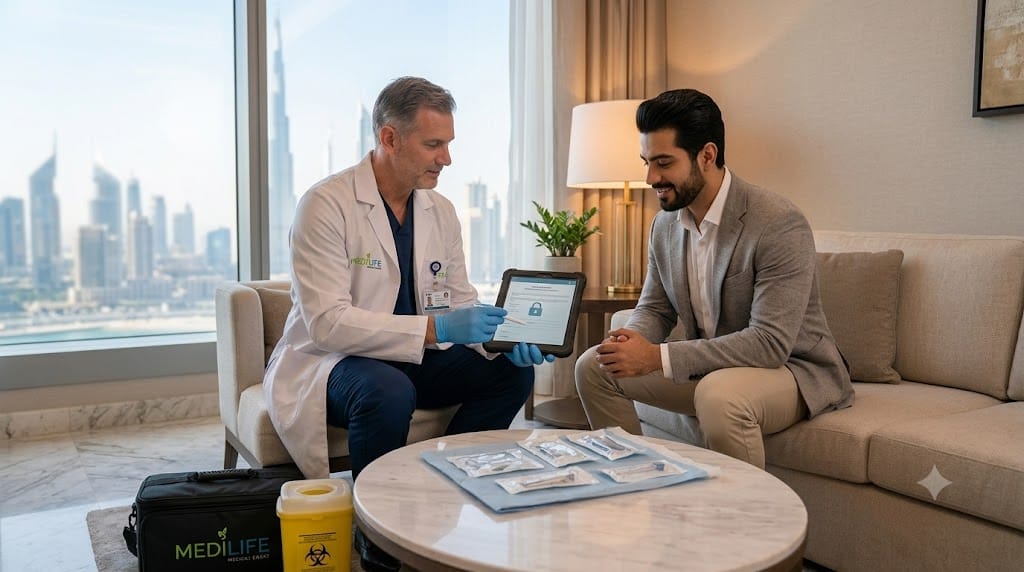 Four-step process for requesting a hotel doctor in Dubai — call, dispatch, consultation, documentation