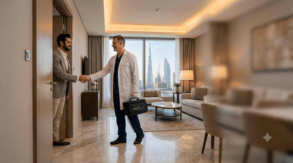 doctor providing medical consultation to a hotel guest in Dubai