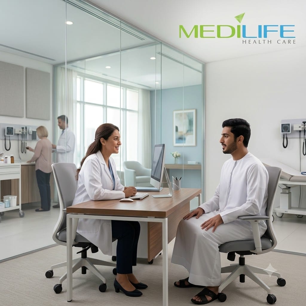 Doctor providing a consultation to a university student at a modern university medical clinic in Dubai.
