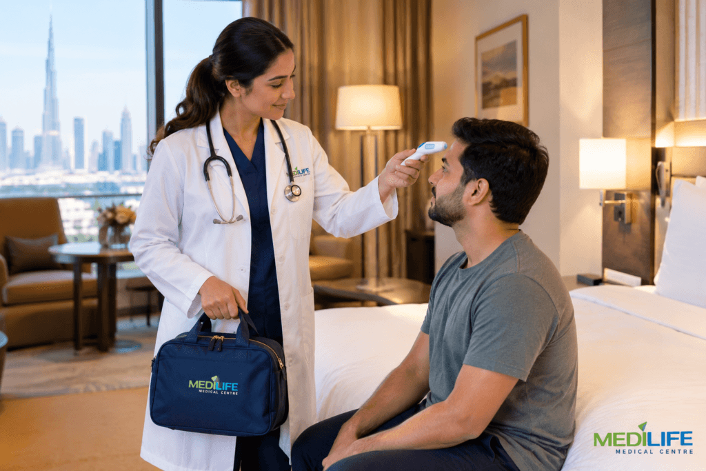 DHA-licensed doctor visiting a hotel guest for a medical consultation in Dubai