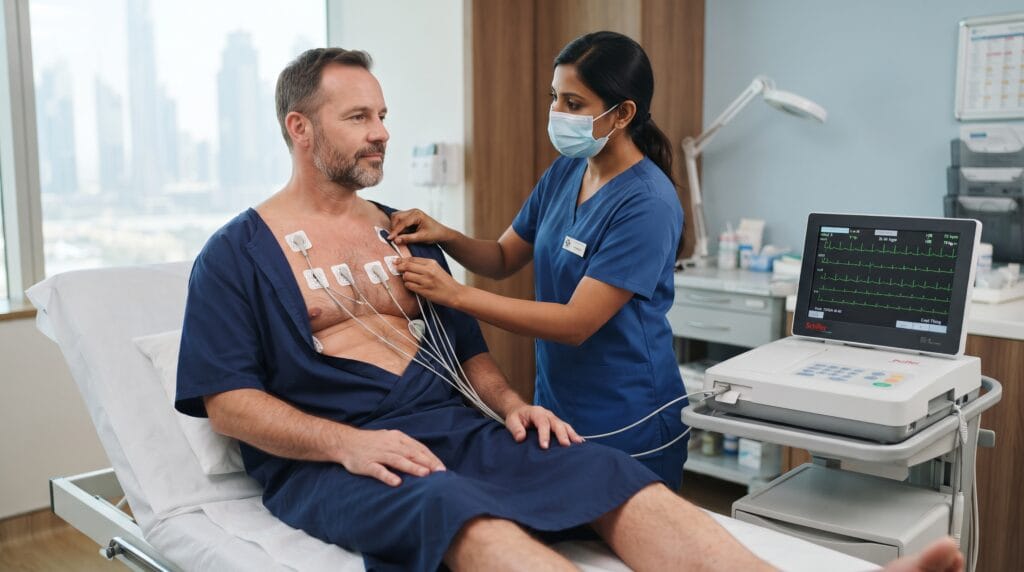 Healthcare professional performing an ECG test on a patient in a medical clinic